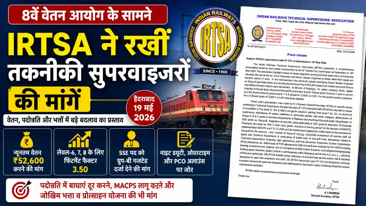 8वें वेतन आयोग के सामने IRTSA ने रखीं तकनीकी सुपरवाइजरों की मांगें, वेतन और पदोन्नति व्यवस्था में बड़े बदलाव का प्रस्ताव